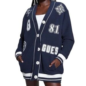 GUESS Varsity Bouclé Cardigan – Navy (Size L)